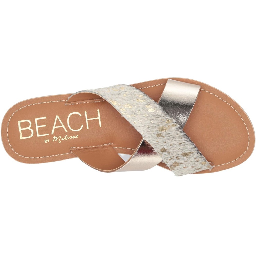 NWOT BEACH by Matisse Pebble Criss Cross Slide Sandals - Gold Cow Print Western